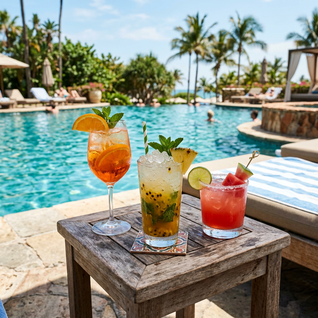 Three tropical cocktails on wooden table by a resort swimming pool with palm trees