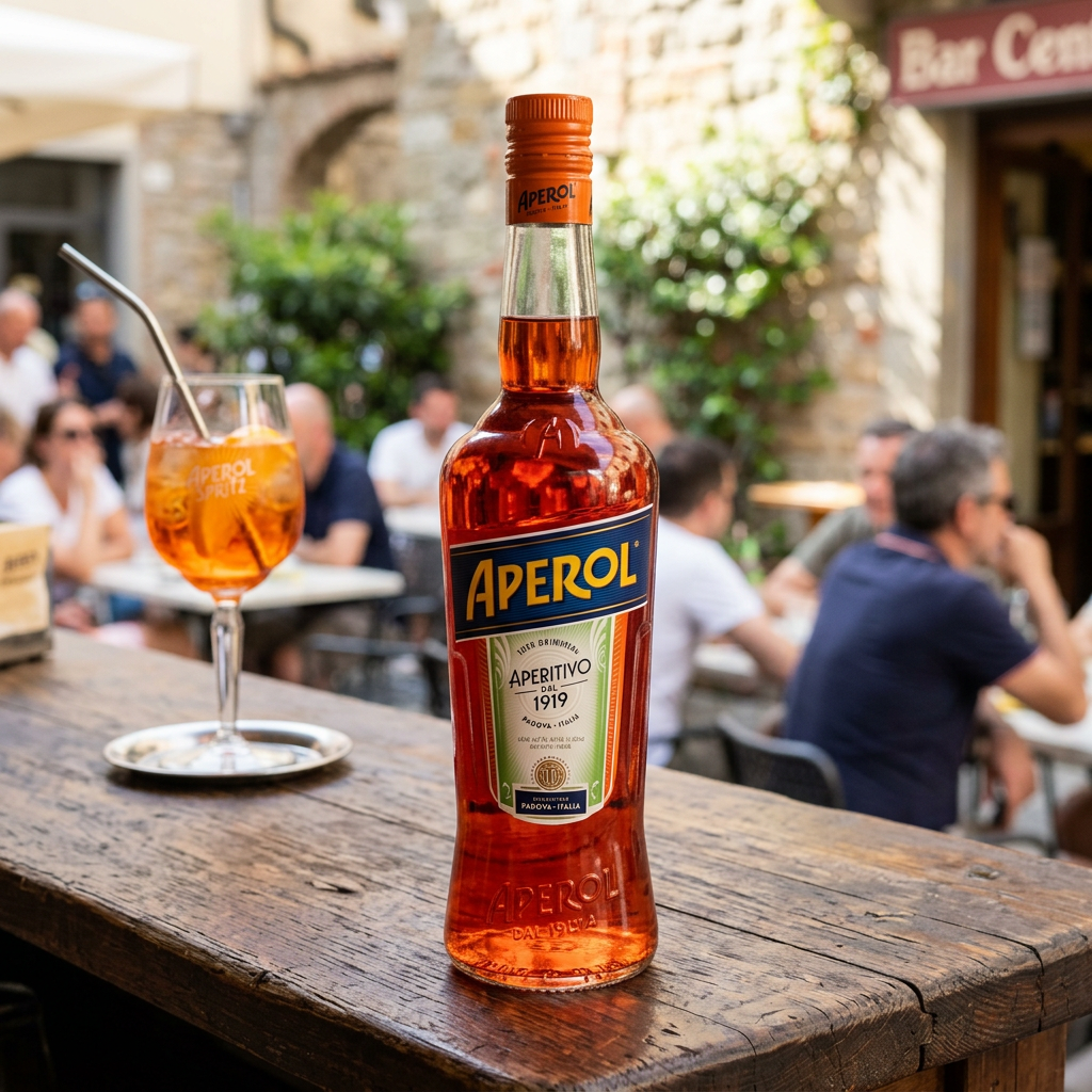 Aperol bottle with Aperol Spritz cocktail glass on wooden bar in outdoor café